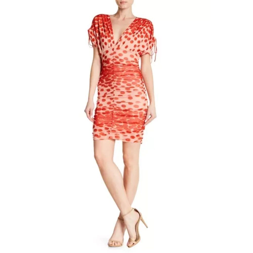 NWT Vertigo Polka Dots Printed V-Neck Short sleeve Ruched Bodycon Dress Size L